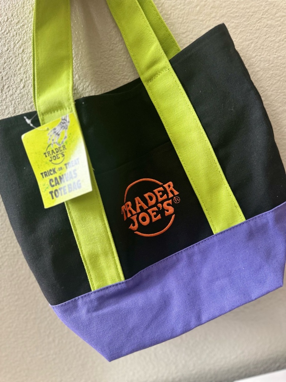 Trader Joe's Black Canvas Tote with Purple Base and Lime Handles